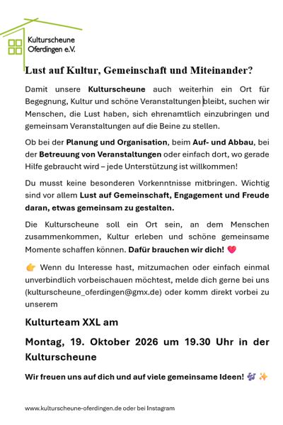 Aufrufen zum Mitmachen im Kulturteam XXL der Kulturscheune Oferdingen am 19.10.2026 Aufrufen zum Mitmachen im Kulturteam XXL der Kulturscheune Oferdingen am 19.10.2026